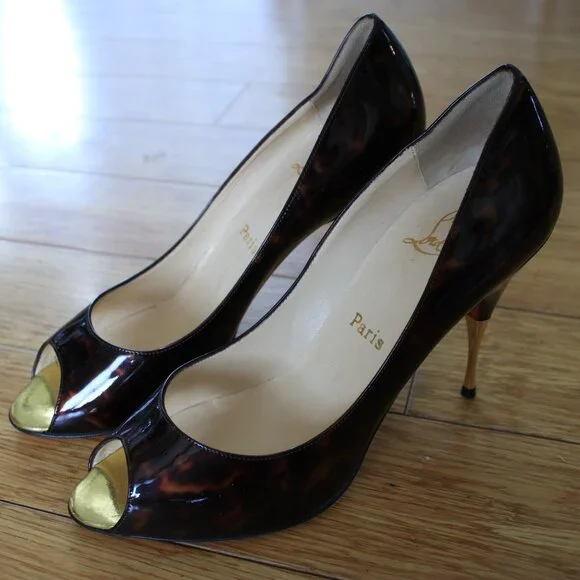 Christian Louboutin Red Heel Patent Leather Peeptoe Brown Tortoise Size 40.5